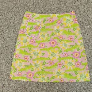Lilly Pulitzer Vintage Pink Green Cotton Alligator Print Skirt. women's Sz 0